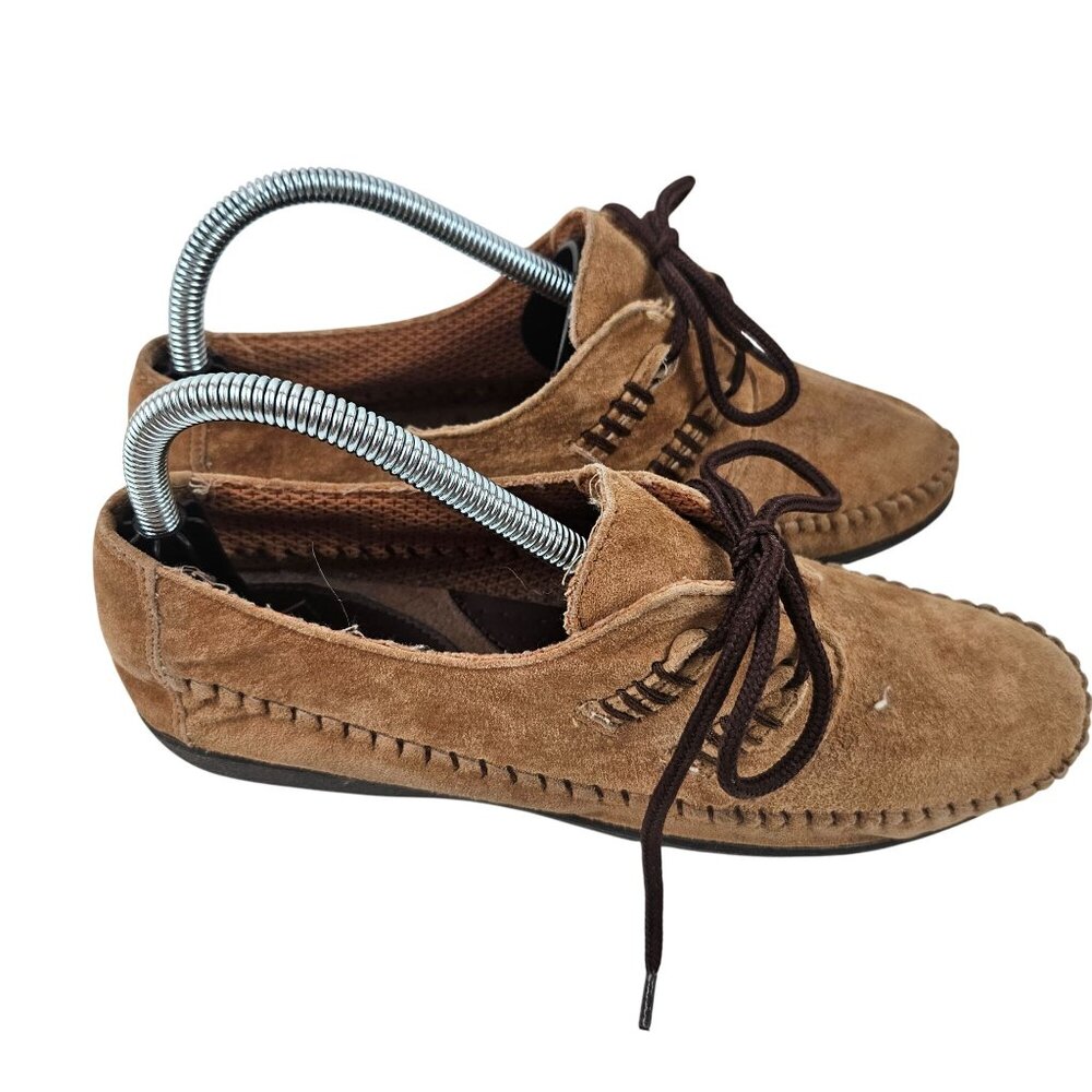 Coach And Four Tan Suede Womens Moccasins Size 9 Brown Laces Rubber Sole Flats - Picture 8 of 9
